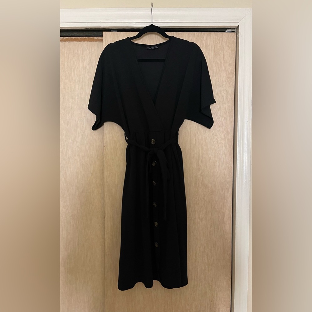 Boohoo Black Midi Dress with Button Detail